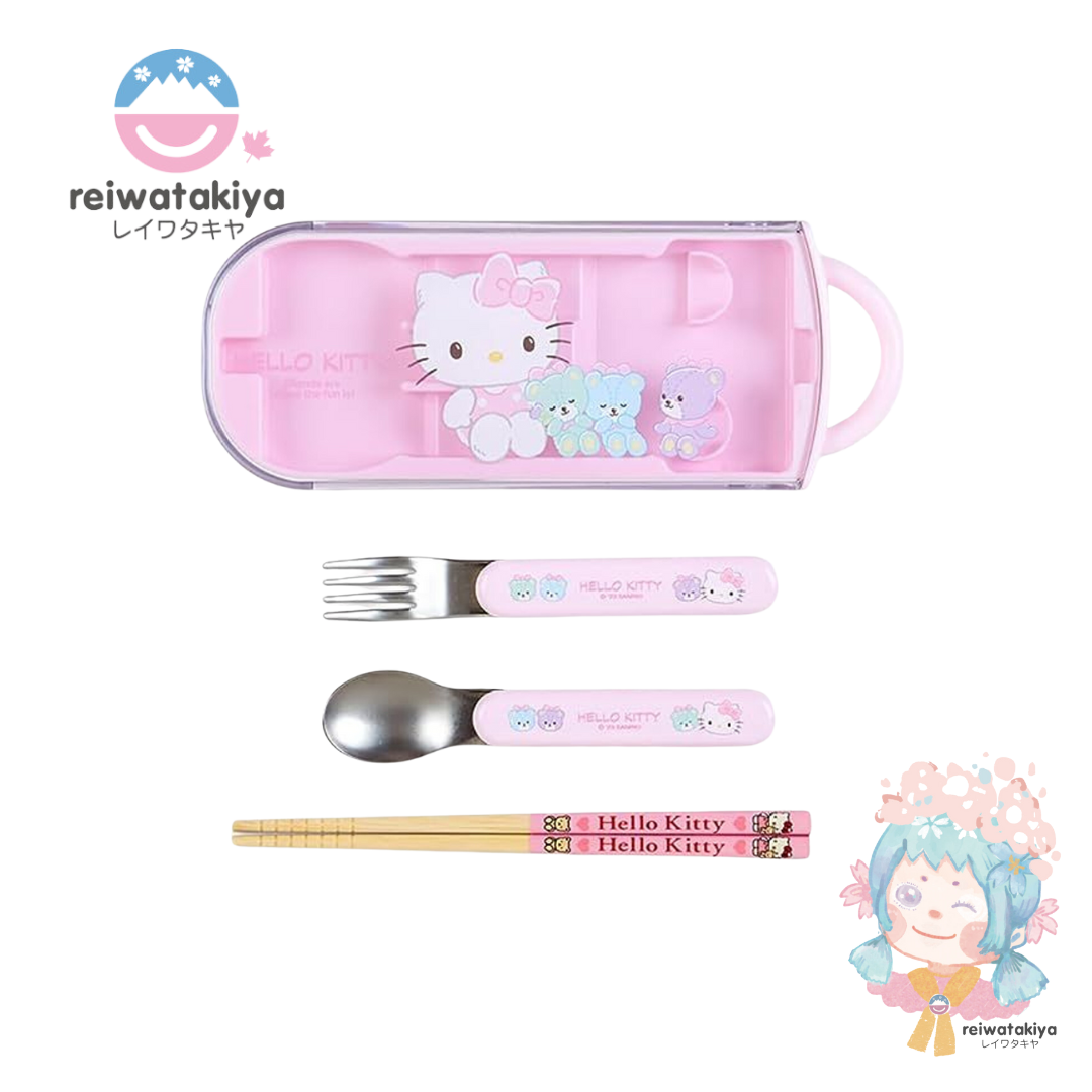 Sanrio Fork Spoon Chopsticks Tableware Set with Case - Hello Kitty